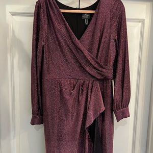 Adrianna Papell metallic knit faux wrap surplice V-neck high slit gown